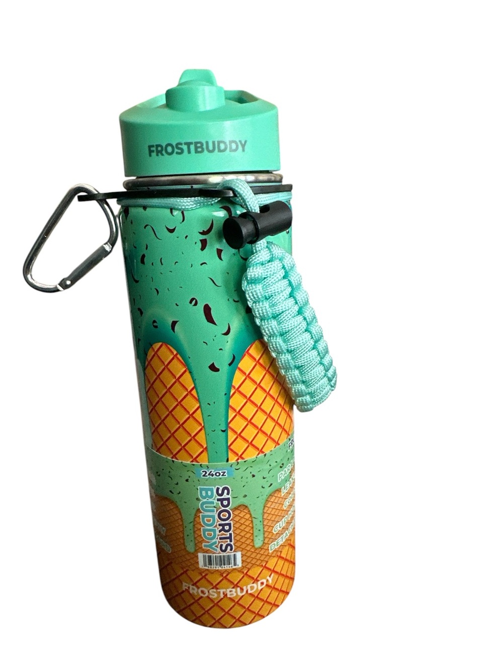 FrostBuddy ice cream drip  Water Bottle - green, 24 oz paracord handle